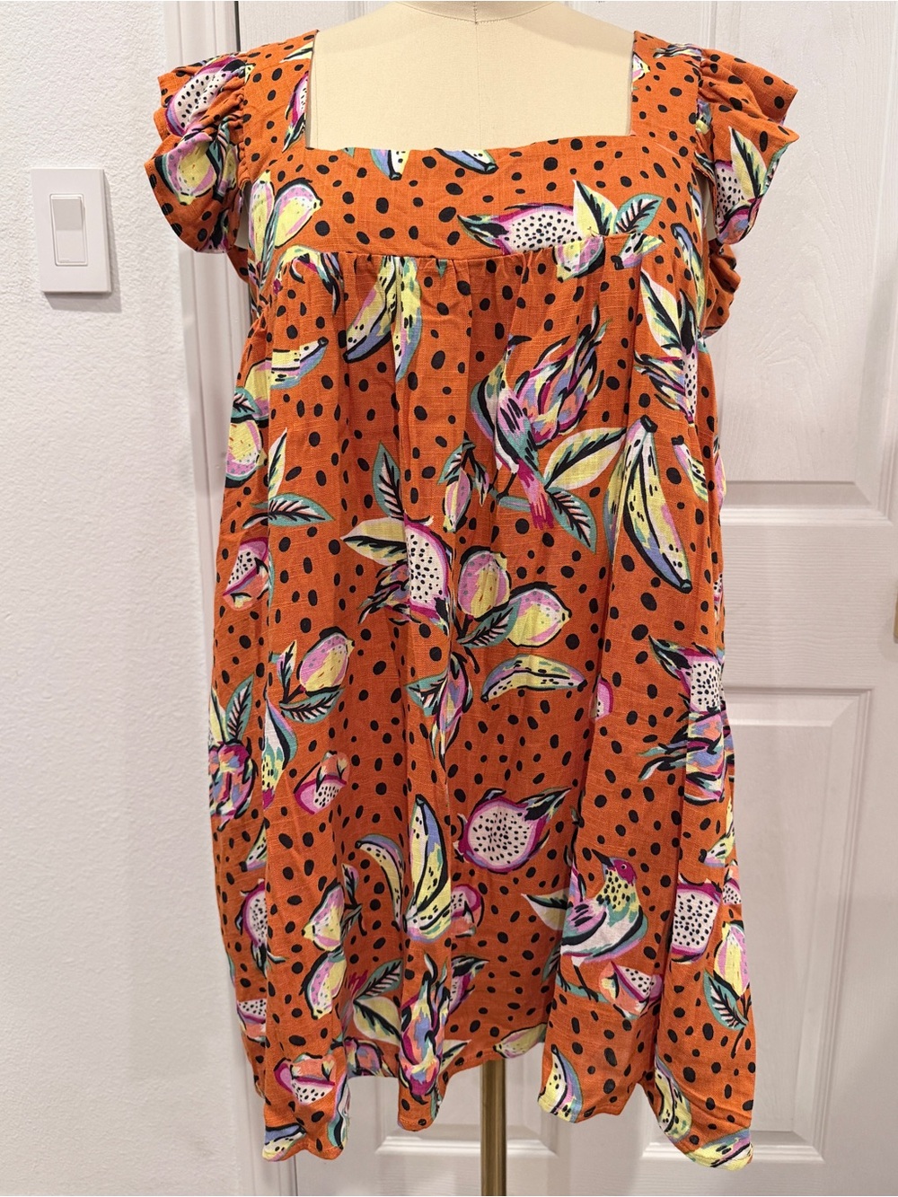 Kourt Women's Orange Fruit Print  Square-Neck Mini Dress with Flutter Sleeves - Picture 5 of 16